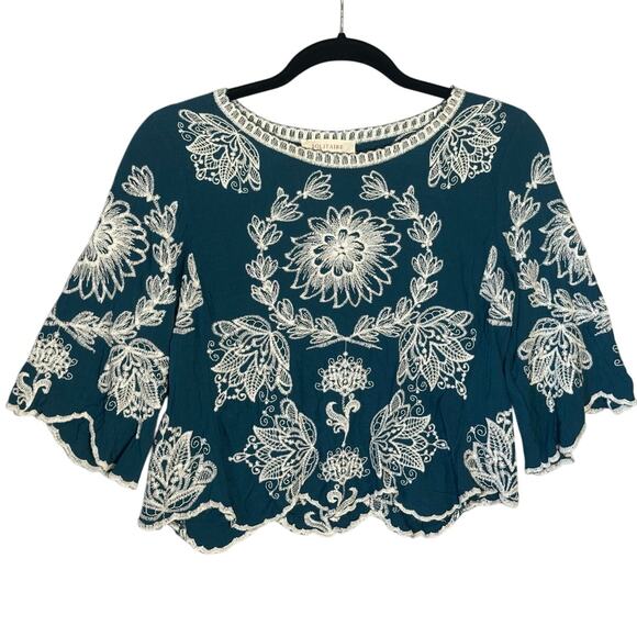 Solitaire Anthropologie Sz S Embroidered 3/4 Sleeve Top Scallop Hem Bohemian - Picture 1 of 8